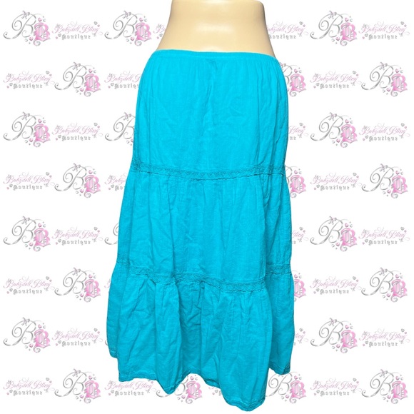 Blue maxi skirt tiered blue turquoise crochet striped tie waist flowy feminine - Picture 2 of 8